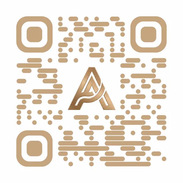 QR Code dourado da Aguiar Studio Digital com o logo da agência ao centro para redirecionamento à página VIP do evento.